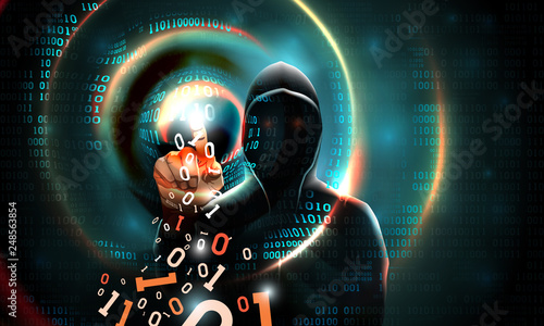 Computer hacker with a hood touches the touch screen binary code. Light waves on abstract binary dark background hacker silhouette. Hacking computer system, database server, data theft, vector
