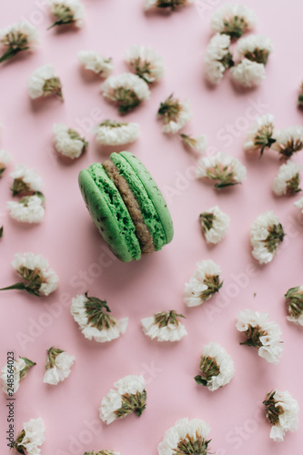 Composition of delicious bright macaroons and floral petals 