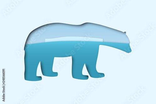 north arctic polar white bear in paper cut craft art style with north pole landscape, double exposure mockup, stock vector illustration clip art template