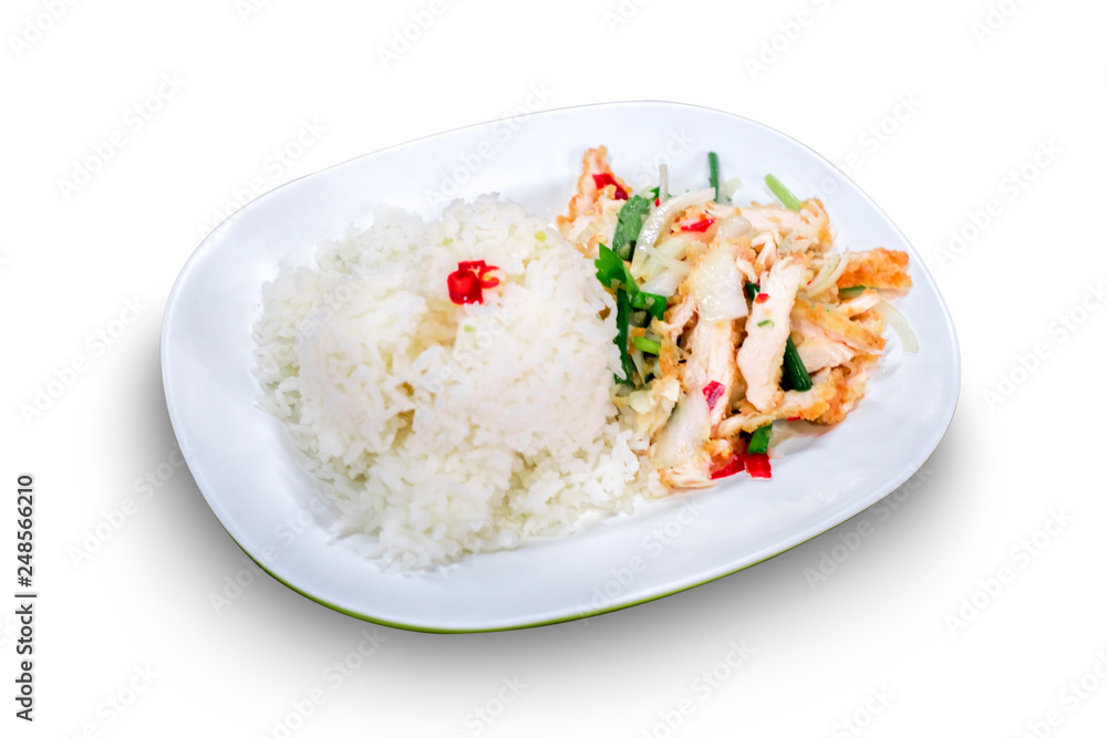 Spicy chicken salad with rice is thailand food. on white background. clipping path.