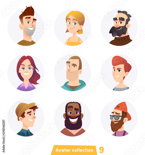 Cheerful people avatar collection. User faces. Trendy modern style. Flat Cartoon Character design