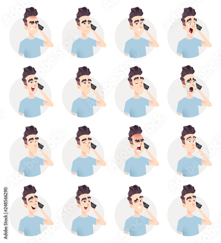Handsome guy talking on the phone with different emotions. Man calls on the smartphone. Telephone conversation avatars