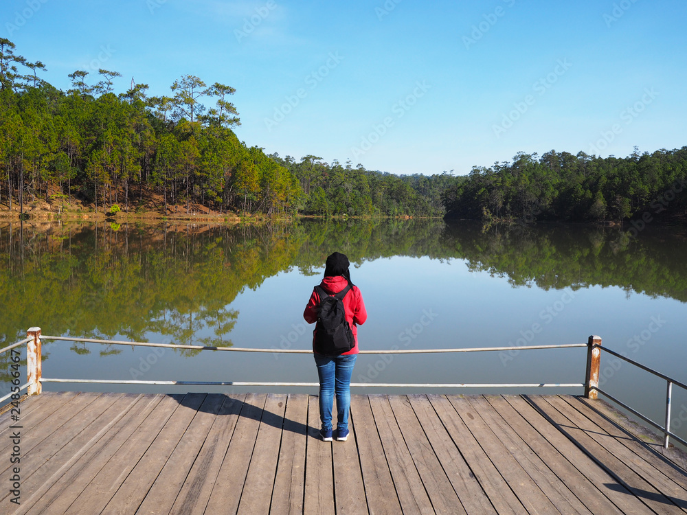 woman standing at lake side and looking at green forest
