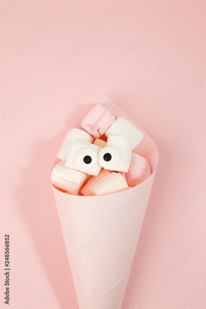 Marshmallows with eyes in paper cone. Funny kawaii emoji face. Cute cartoon  character. Minimal summer flat lay design. Sweet food. Pink background,  monochrome concept Stock Photo | Adobe Stock