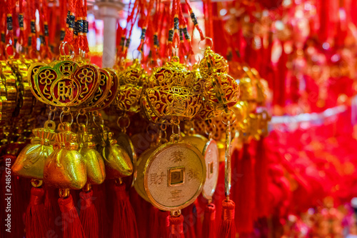 Souvenirs  gift and accessory decoration for Chinese New Year. Traditional Chinese golden Lucky knot Celebration for Happy new year 2019
