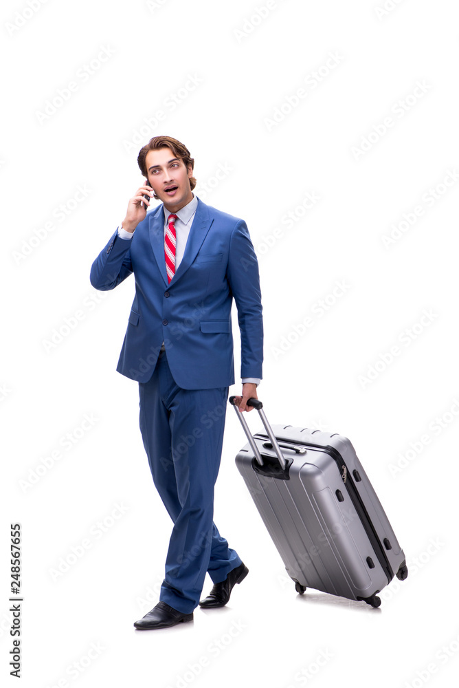 Young handsome businessman with suitcase isolated on white Young handsome businessman with suitcase isolated on white