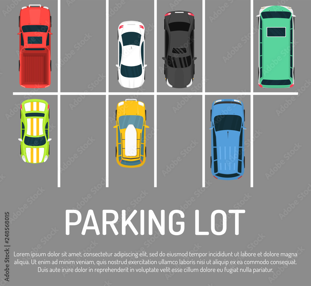 City Car Parking Vector Illustration Top View Of Parking Zone With A Variety Of Cars Parking Garage With Free Places In Flat Style Banner Poster Parking Lots For Vehicles Stock Vector