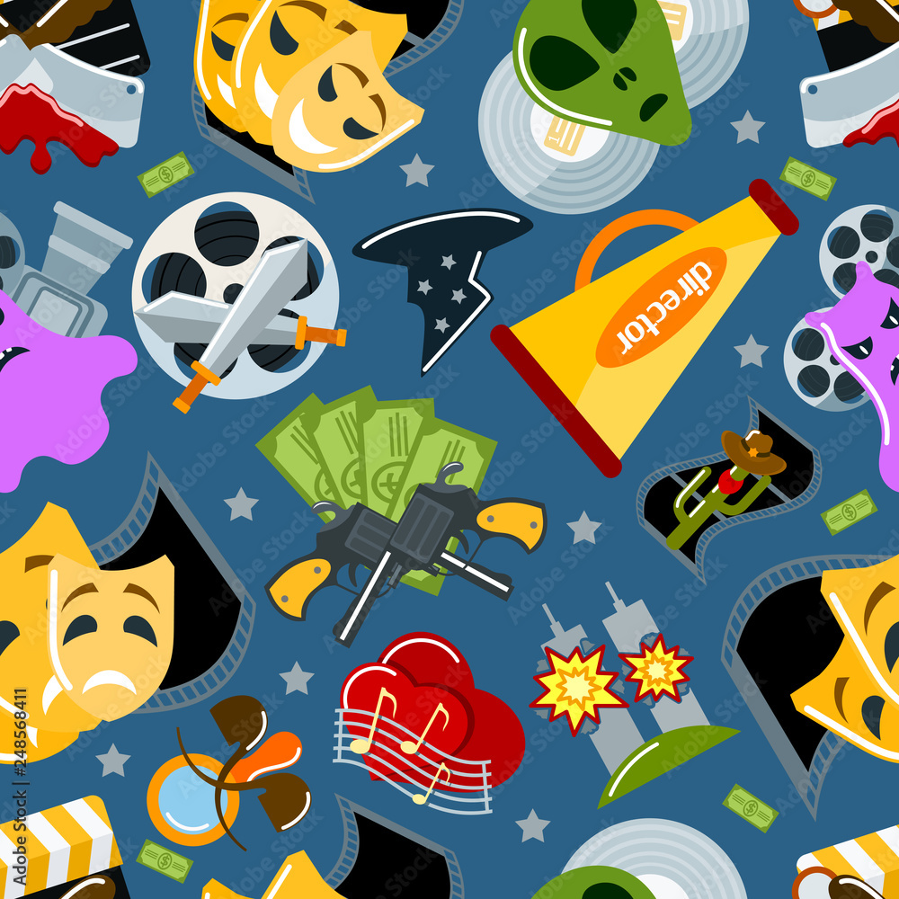 Fototapeta premium Cinema signs vector illustration. Film genres such as drama detective horror melodrama western fantasy historical catastrophe crime comedy science fiction seamles pattern.