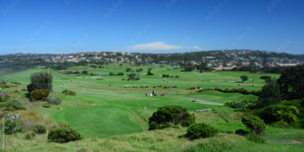 Panoramic view of the golf course from Long Reef Headland (Sydney NSW Australia).