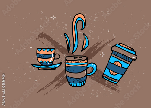 Poster template with coffee mugs. Vector design.