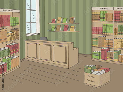 Book shop store interior graphic color sketch illustration vector