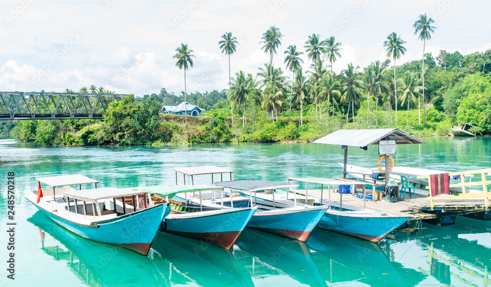 wooden boat docked at small harbor in Labuhan Cermin, Berau with beautiful coconut trees as the background wooden boat docked at small harbor in Labuhan Cermin, Berau with beautiful coconut trees as the background