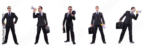 Male boss with megaphone isolated on white