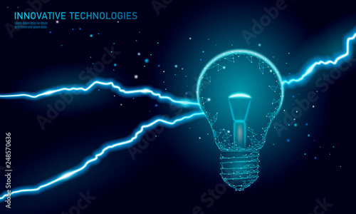 Light bulb idea business concept. Lightning thunder insight. Dangerous threat work situation. Low poly polygonal 3D triangle vector illustration