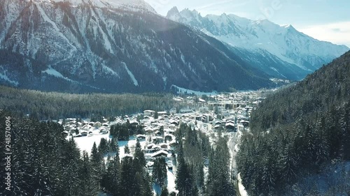 aerial winter landscape of village in Alps in Europe near Chamonix, valley of Argentiere