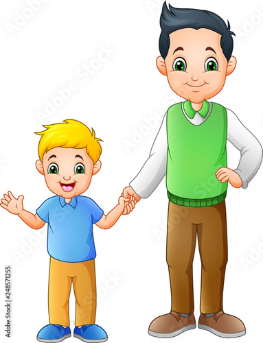 Cartoon boy with his father holding hands together