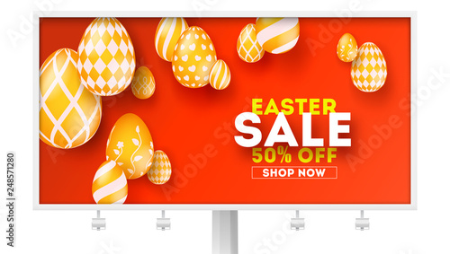 Easter sale, special holiday offer. Billboard with design of promotional text. Set of volumetric Easter golden eggs hanging on red background. Vector illustration for festive discount actions