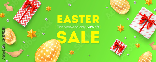 Easter sale, 50 percent off. Holiday offer, huge discounts. Pattern with festive gift boxes, golden Easter eggs, cookies and Easter decorative elements. Top view on promotional banner, flat lay