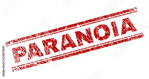 PARANOIA seal imprint with distress texture. Red vector rubber print of PARANOIA text with unclean texture. Text tag is placed between double parallel lines.