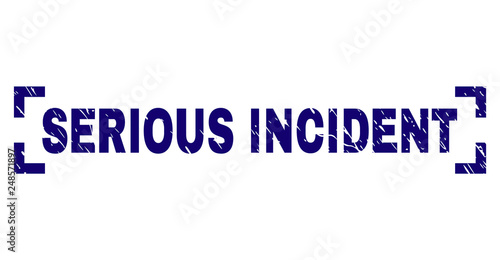 SERIOUS INCIDENT label seal print with corroded texture. Text caption is placed between corners. Blue vector rubber print of SERIOUS INCIDENT with scratched texture.