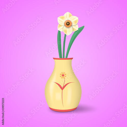 Beautiful realistic narcissus in a vase similar to a female body. Vector illustration.