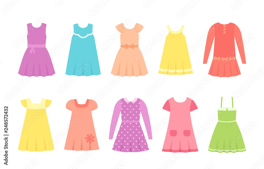 Baby dresses. Vector. Girl clothes. Children clothing set. Kid models.  Collection summer garment isolated on white in flat design. Cartoon  illustration. Female dress. Cloths for child. Apparel icons. Stock Vector |  Adobe