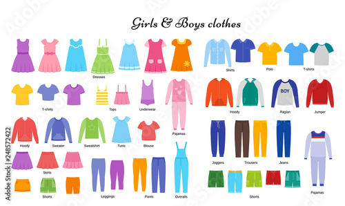 Baby clothes. Vector. Kid models. Children clothing set. Girl, boy cloth. Child garment. Apparel isolated on white, flat design. Cartoon illustration. Fashion icons. Frock sketches. Dress silhouette.
