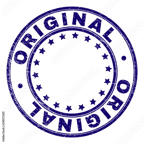 ORIGINAL stamp seal watermark with grunge texture. Designed with circles and stars. Blue vector rubber print of ORIGINAL label with corroded texture.