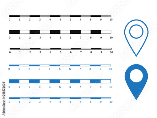 Map scales graphics for measuring distances. Scale measure map vector. Latitude and longitude distance