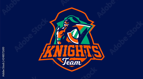 Knight emblem on horse. A warrior galloping on a horse, a knight in armor. Horseman, sword, shield, armor, stallion, hero, warrior. Vector illustration