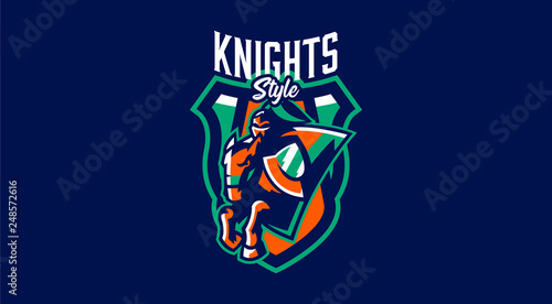 Knight emblem on horse. A warrior galloping on a horse, a knight in armor. Horseman, sword, shield, armor, stallion, hero, warrior. Vector illustration