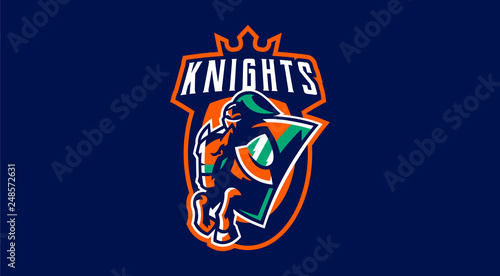 Knight emblem on horse. A warrior galloping on a horse, a knight in armor. Horseman, sword, shield, armor, stallion, hero, warrior. Vector illustration