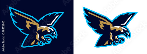 Logo eagle, hawk. Flying eagle. Mascot, bird, falcon, bald, flying, animal, freedom, wing, wildlife. Vector illustration