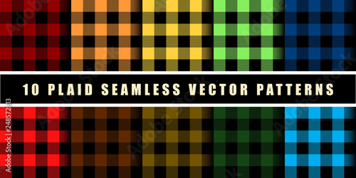 Set 10 Check Plaid Seamless Pattern in Blue, Crimson, Red, Green and Orange Colors. Template for Clothing Fabrics. Trendy Colors Palettes of 2019 Season. Vector Illustration.