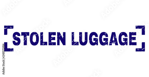 STOLEN LUGGAGE title seal print with grunge style. Text title is placed inside corners. Blue vector rubber print of STOLEN LUGGAGE with dust texture.