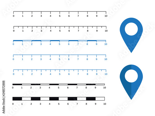 Map scales graphics for measuring distances. Scale measure map vector. Latitude and longitude distance