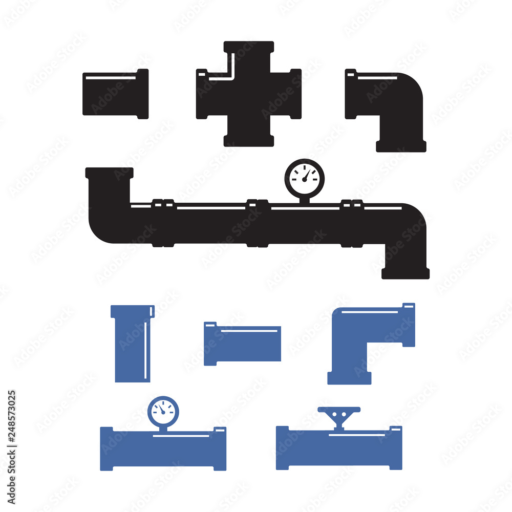 Tubes and pipeline details with cranes. Pipe fittings vector icons set