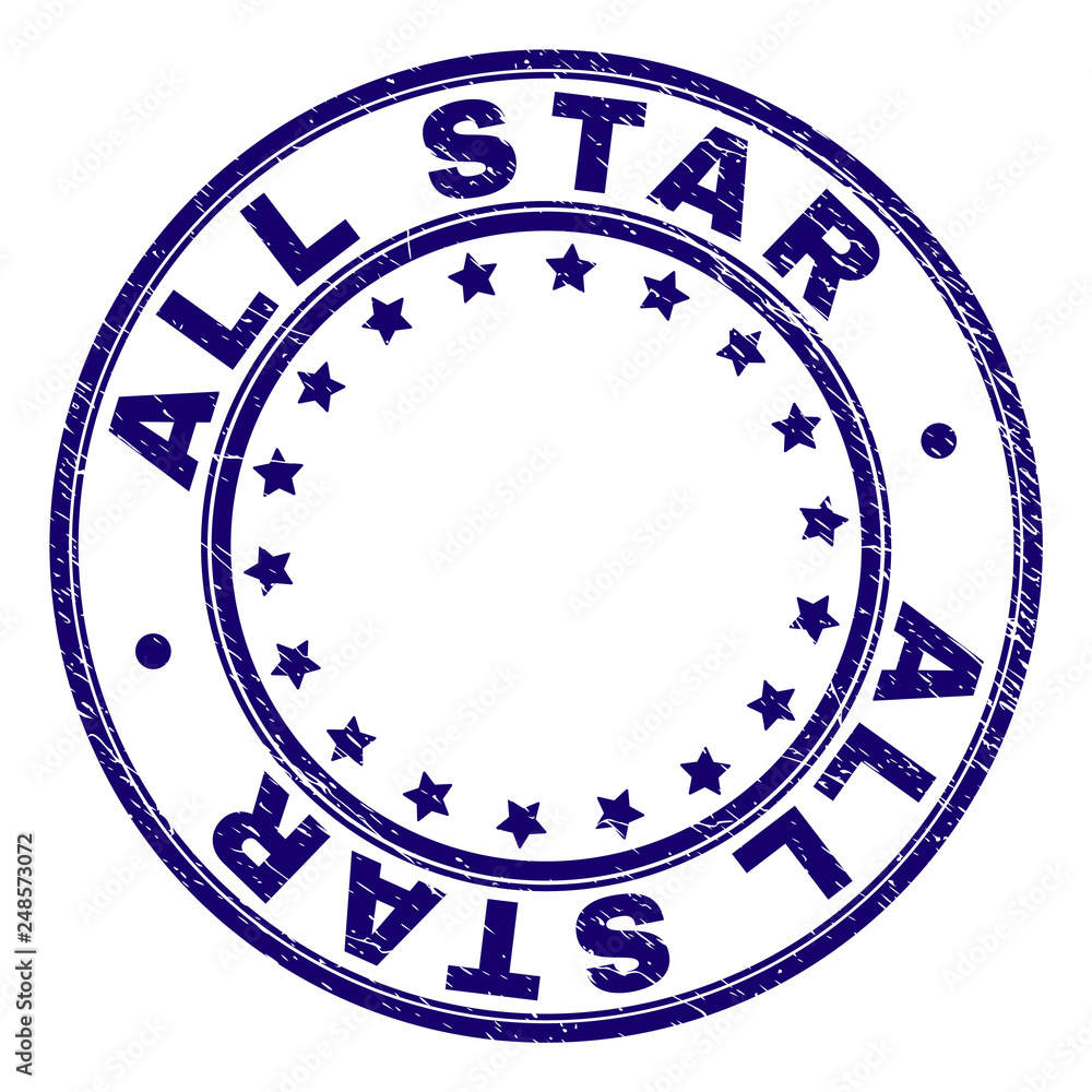 ALL STAR stamp seal imprint with grunge texture. Designed with circles and  stars. Blue vector rubber print of ALL STAR label with grunge texture.  Stock Vector