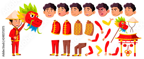 Asian Boy Kindergarten Kid Vector. Animation Creation Set. Face Emotions, Gestures. Dragon, Festival. Traditional. Friend. For Banner, Flyer, Brochure Design. Animated. Isolated Cartoon Illustration