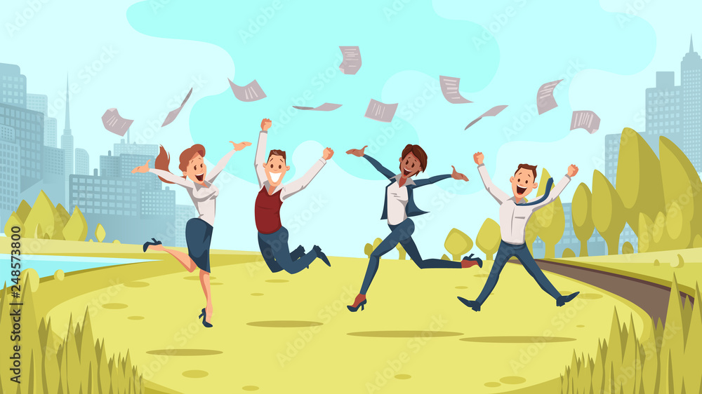 Coworking Business Team Jump Up in Summer Park Coworking Business Team Jump Up in Summer Park