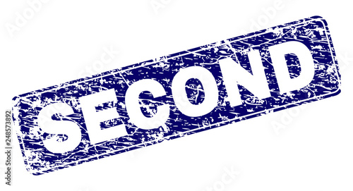 SECOND stamp seal print with distress style. Seal shape is a rounded rectangle with frame. Blue vector rubber print of SECOND tag with unclean style.