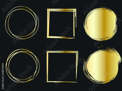 Set of golden paints, metallic gradient brush strokes, brushes, lines. Artistic design elements.