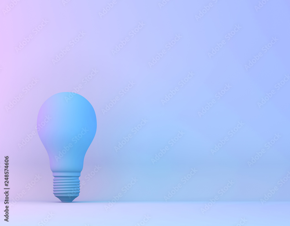 Blue bulb in vibrant bold gradient purple and blue holographic colors background. Minimal concept art surrealism. - obrazy, fototapety, plakaty 