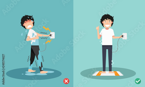 wrong and right for safety electric shock risk. vector illustration. photo