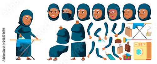 Arab, Muslim Old Woman Vector. Senior Person Portrait. Elderly People. Aged. Animation Creation Set. Face Emotions, Gestures. Banner, Flyer. Animated. Illustration