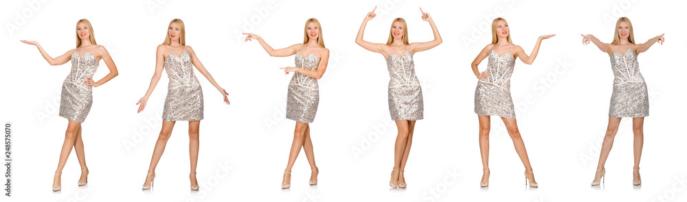 Young woman in silver dress isolated on white Young woman in silver dress isolated on white