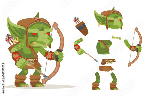 Archer goblin dungeon monster evil minion fantasy medieval action RPG game character layered animation ready character vector illustration