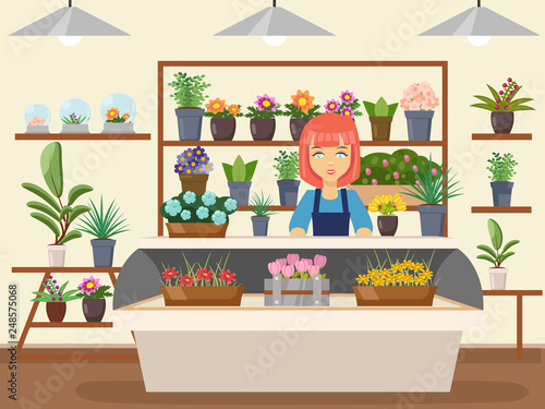Flower shop interior green natural decorations woman florist seller cartoon design vector illustration