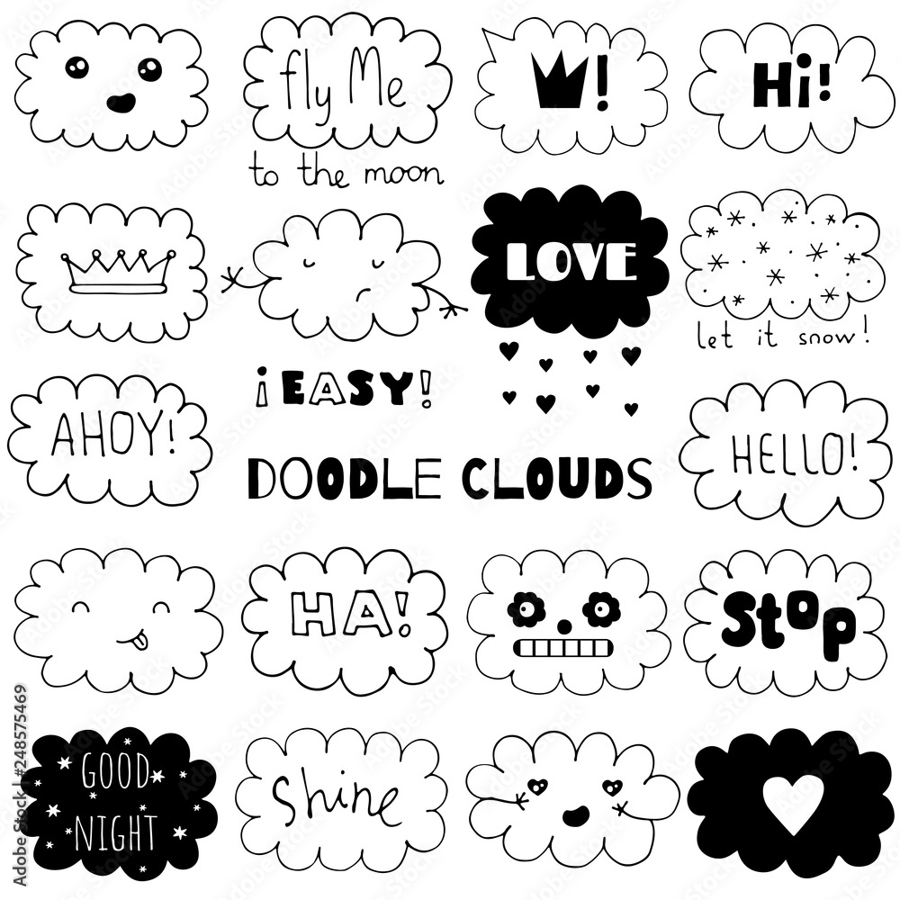 Obraz premium Doodle funny clouds set. Hand drawn vector illustration
