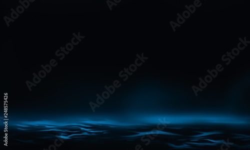 Product showcase spotlight background. Clean photographer studio. Abstract blue background with rays of neon light, spotlight, reflection on water.